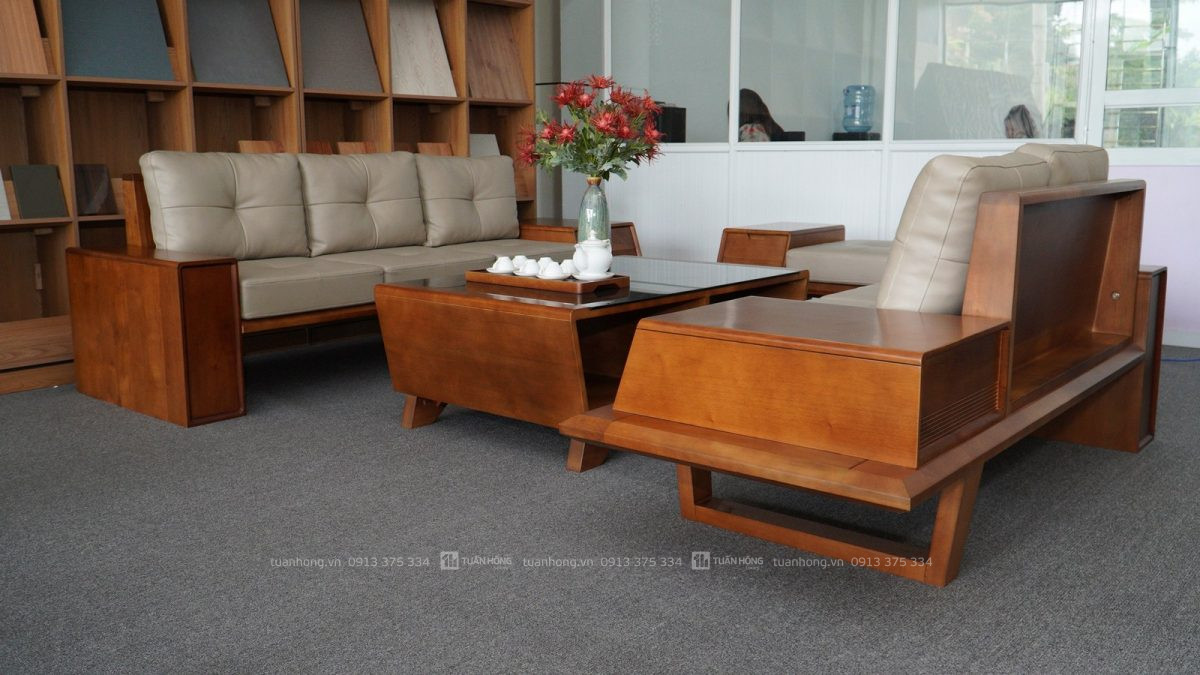 Sofa gỗ tự nhiên VB 04 – thiết kế góc L nhỏ gọn, nệm da Cleo cao cấp, đi kèm bàn trà đồng bộ, phù hợp không gian phòng khách nhỏ