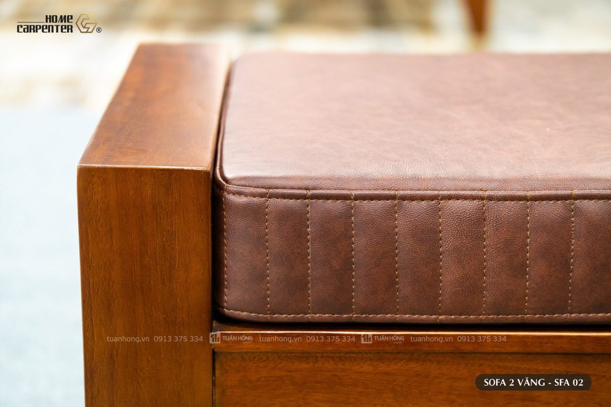 Bộ sofa gỗ tự nhiên hai văng chân thuyền – thiết kế bo cong mềm mại, nệm da Cleo cao cấp, phù hợp biệt thự, nhà phố lớn