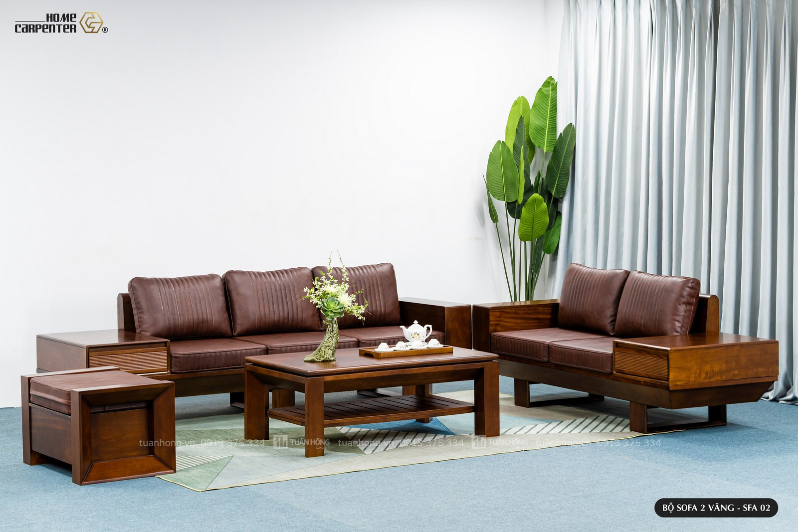 Bộ sofa gỗ tự nhiên hai văng chân thuyền – thiết kế bo cong mềm mại, nệm da Cleo cao cấp, phù hợp biệt thự, nhà phố lớn
