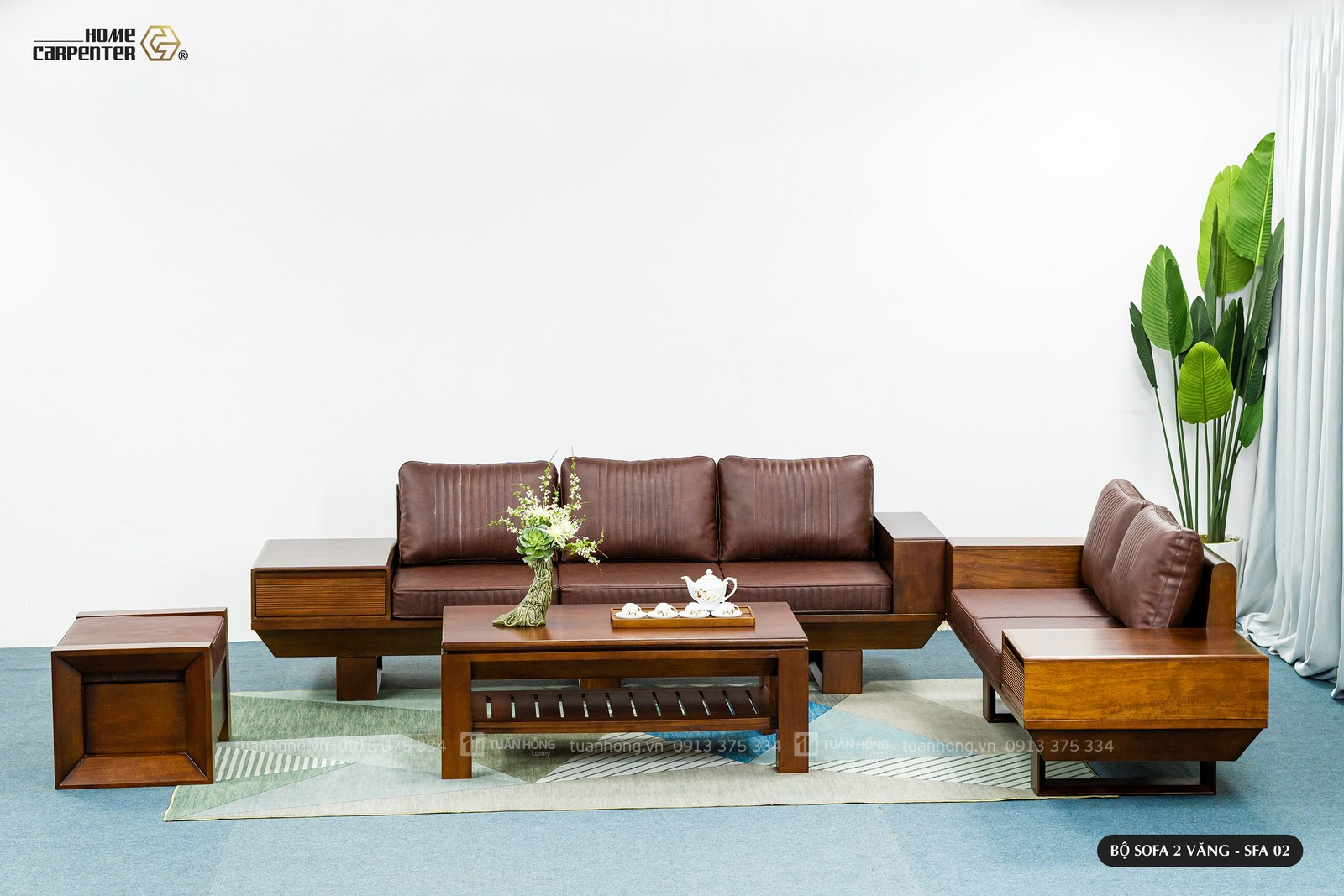 Bộ sofa gỗ tự nhiên hai văng chân thuyền – thiết kế bo cong mềm mại, nệm da Cleo cao cấp, phù hợp biệt thự, nhà phố lớn