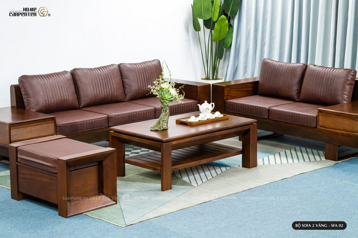 Bộ sofa gỗ tự nhiên hai văng chân thuyền – thiết kế bo cong mềm mại, nệm da Cleo cao cấp, phù hợp biệt thự, nhà phố lớn