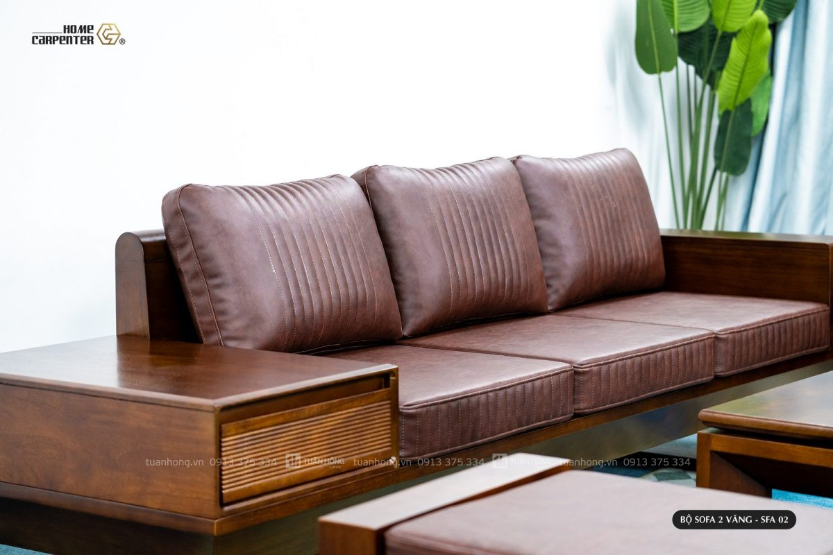 Bộ sofa gỗ tự nhiên hai văng chân thuyền – thiết kế bo cong mềm mại, nệm da Cleo cao cấp, phù hợp biệt thự, nhà phố lớn
