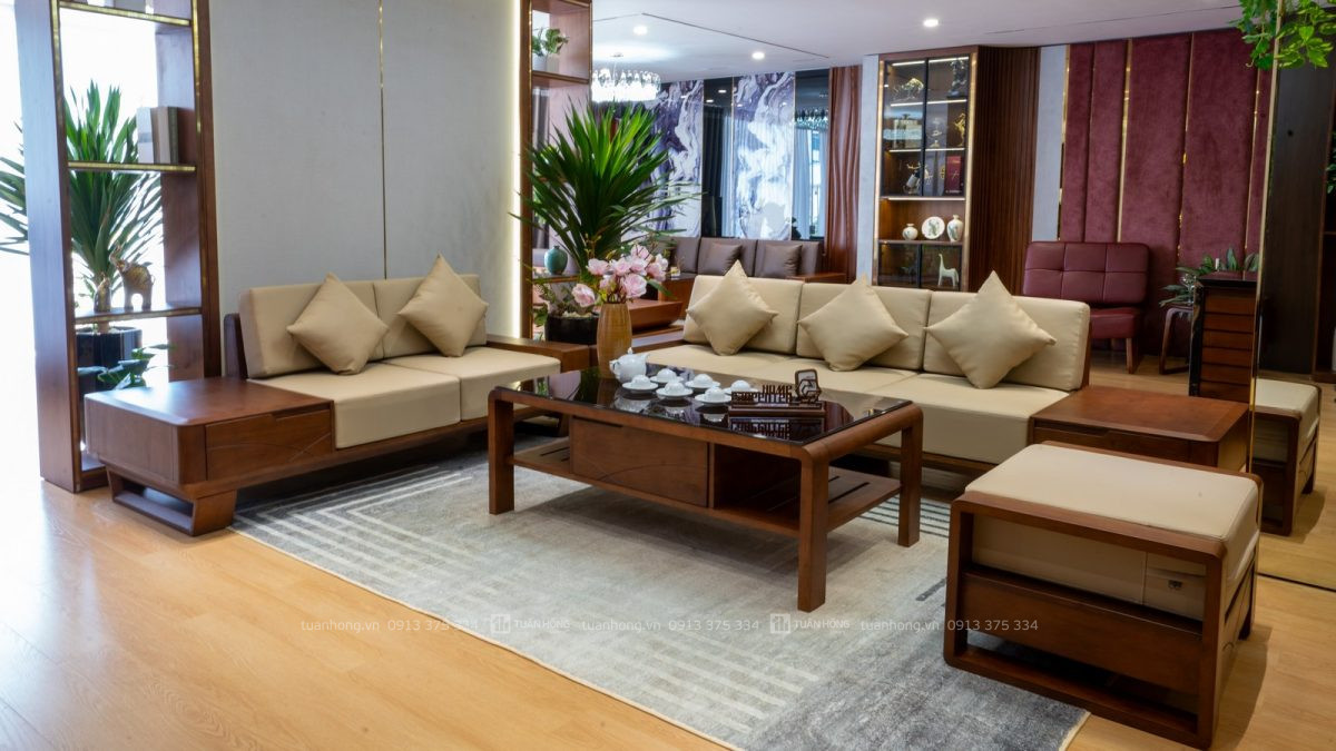 Sofa gỗ tự nhiên Home Carpenter 01 – thiết kế góc L hiện đại, nệm da Cleo êm ái, bộ bàn trà đồng bộ