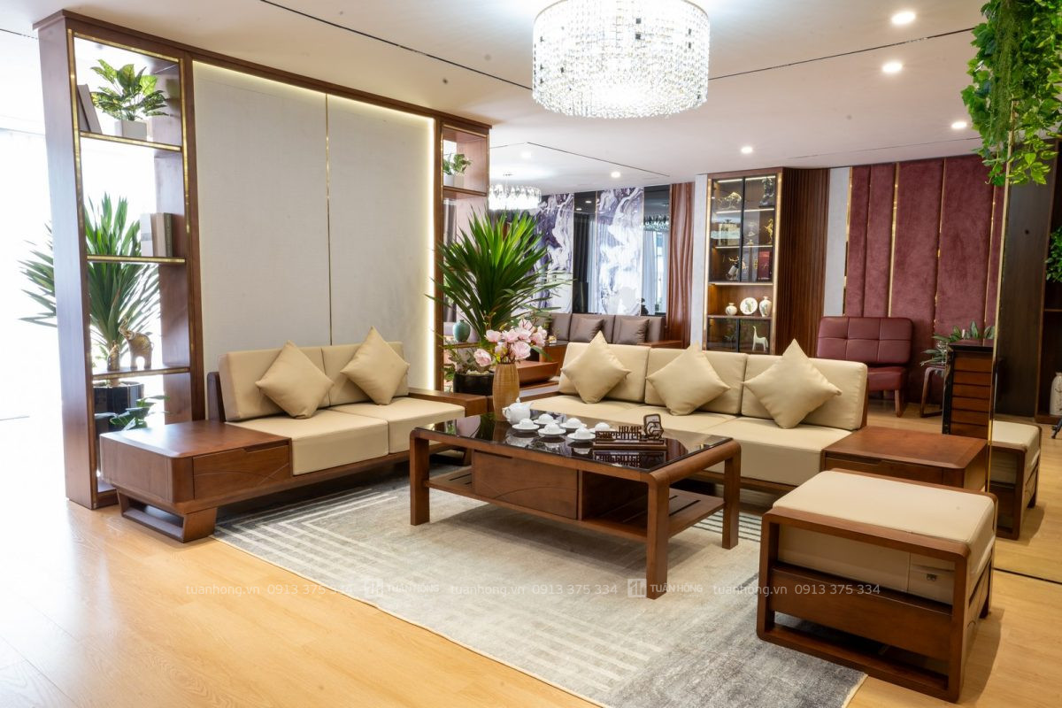 Sofa gỗ tự nhiên Home Carpenter 01 – thiết kế góc L hiện đại, nệm da Cleo êm ái, bộ bàn trà đồng bộ