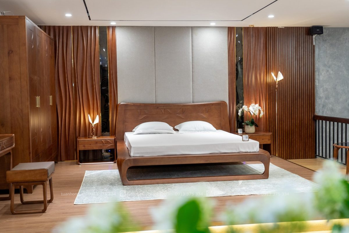 Giường ngủ gỗ tự nhiên Home Carpenter 03 – thiết kế thấp hiện đại, không chân, kích thước 1m8x2m, phù hợp phòng ngủ nhỏ gọn