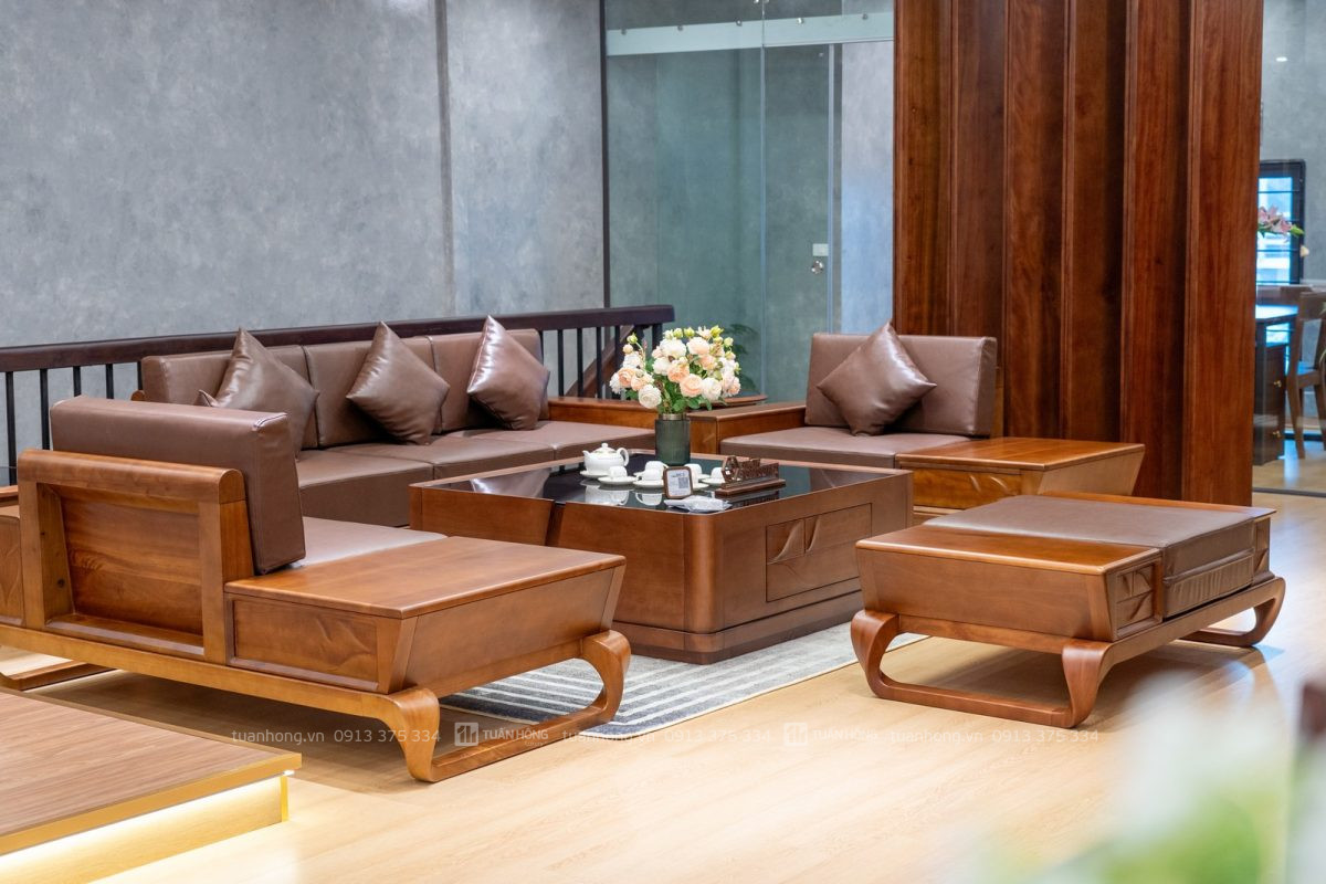 Sofa gỗ tự nhiên Home Carpenter 03 – thiết kế góc L nhỏ gọn, nệm da Cleo cao cấp, đi kèm bàn trà đồng bộ