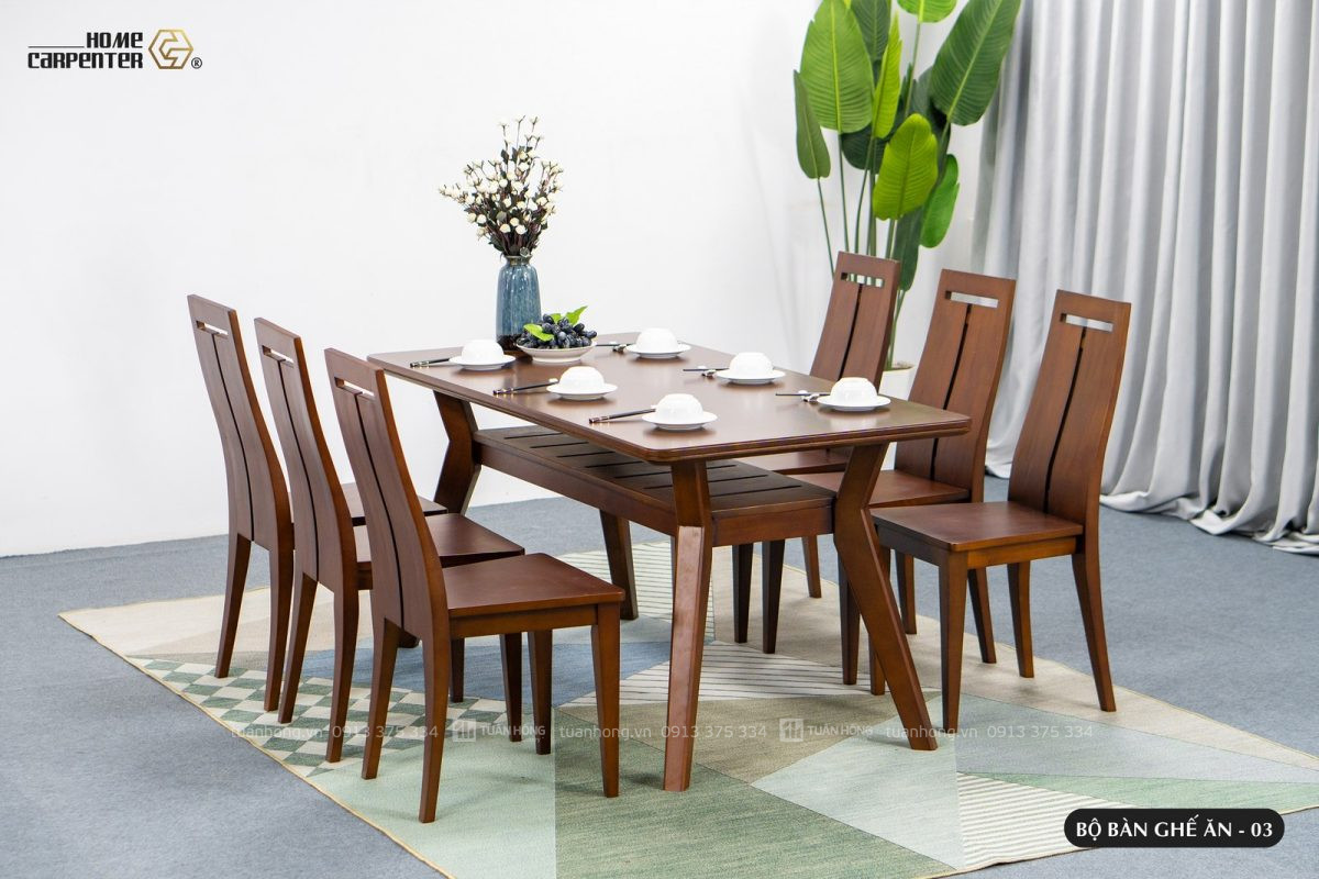Bộ bàn ăn gỗ tự nhiên Home Carpenter New 03 – thiết kế bàn 1m4, 4 ghế nhỏ gọn, kiểu dáng hiện đại, phù hợp không gian bếp nhỏ