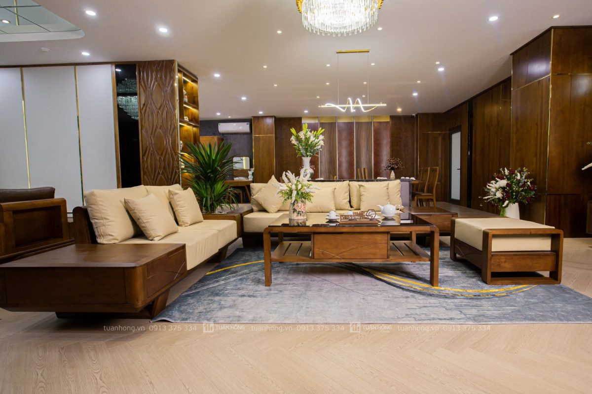 Sofa gỗ tự nhiên Home Carpenter 01 – thiết kế góc L hiện đại, nệm da Cleo êm ái, bộ bàn trà đồng bộ