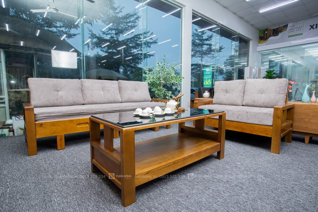 Sofa gỗ tự nhiên VB 05 – thiết kế hai văng lớn bề thế, nệm da Cleo cao cấp, đi kèm bàn trà, phù hợp biệt thự, nhà phố lớn