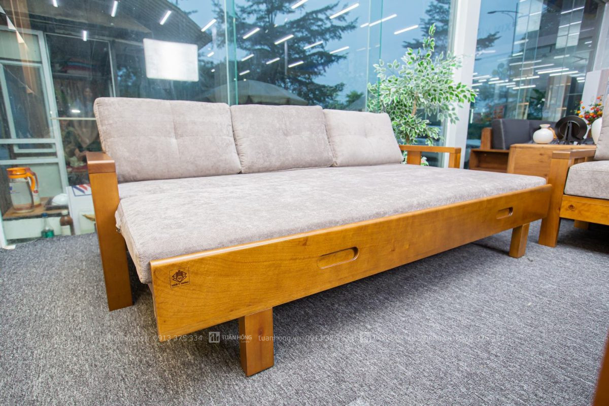 Sofa gỗ tự nhiên VB 05 – thiết kế hai văng lớn bề thế, nệm da Cleo cao cấp, đi kèm bàn trà, phù hợp biệt thự, nhà phố lớn