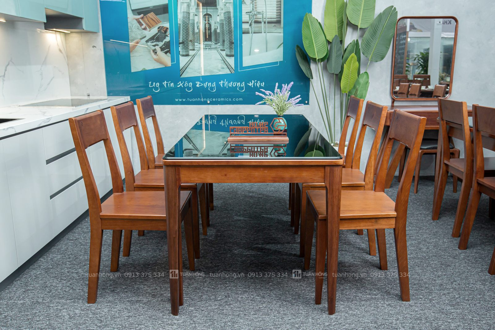 Bộ bàn ghế ăn gỗ tự nhiên VB 02 – bàn 1m6, 6 ghế tựa cao, thiết kế hiện đại, phù hợp phòng bếp gia đình Việt