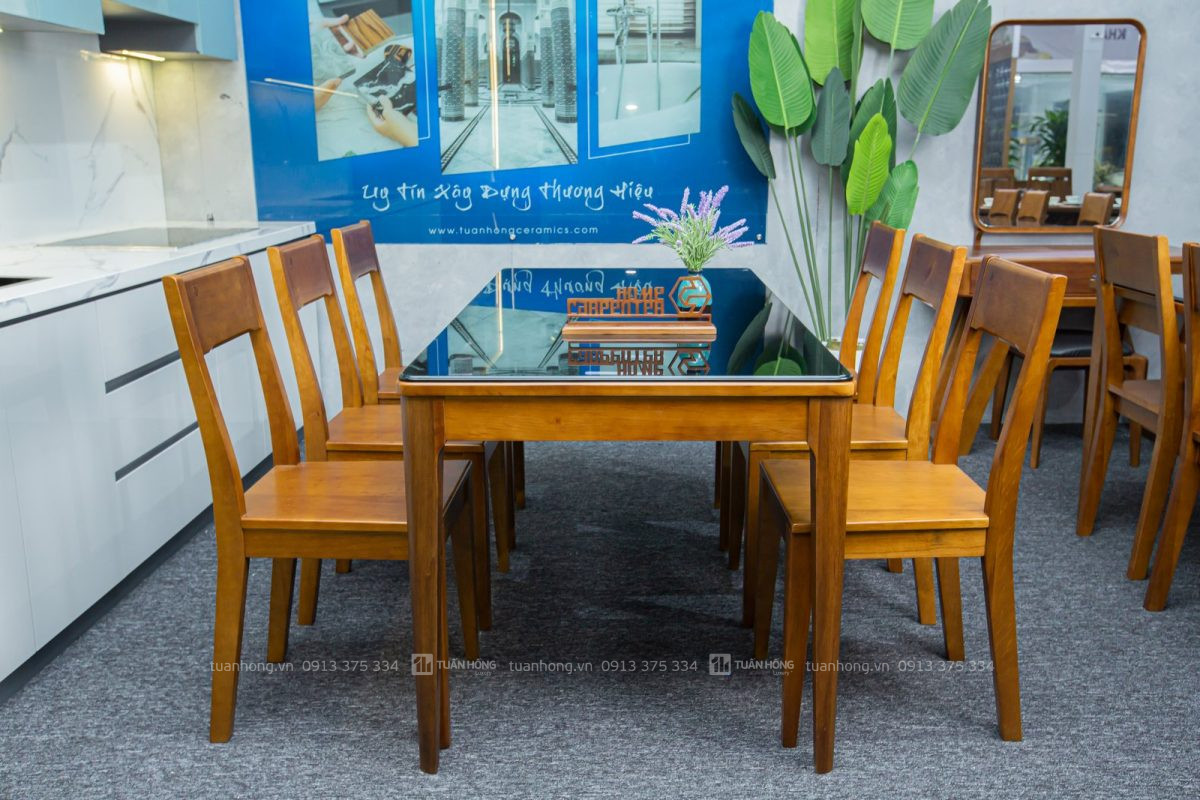 Bộ bàn ghế ăn gỗ tự nhiên VB 02 – bàn 1m6, 6 ghế tựa cao, thiết kế hiện đại, phù hợp phòng bếp gia đình Việt
