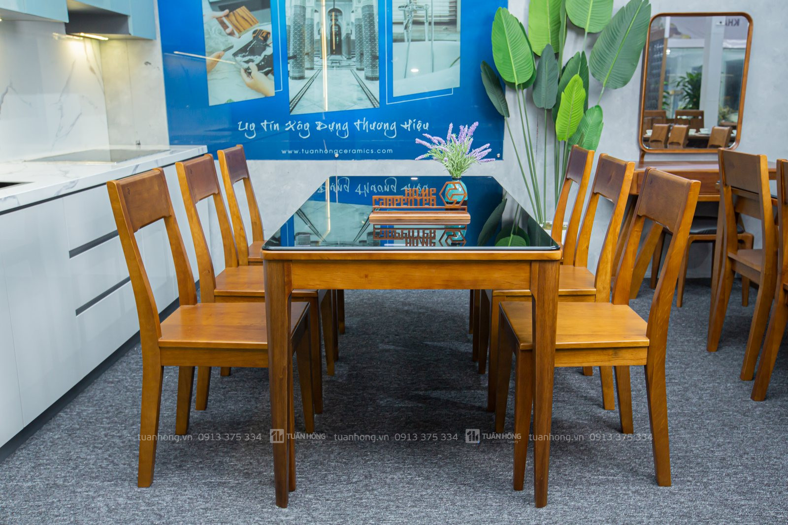 Bộ bàn ghế ăn gỗ tự nhiên VB 02 – bàn 1m6, 6 ghế tựa cao, thiết kế hiện đại, phù hợp phòng bếp gia đình Việt