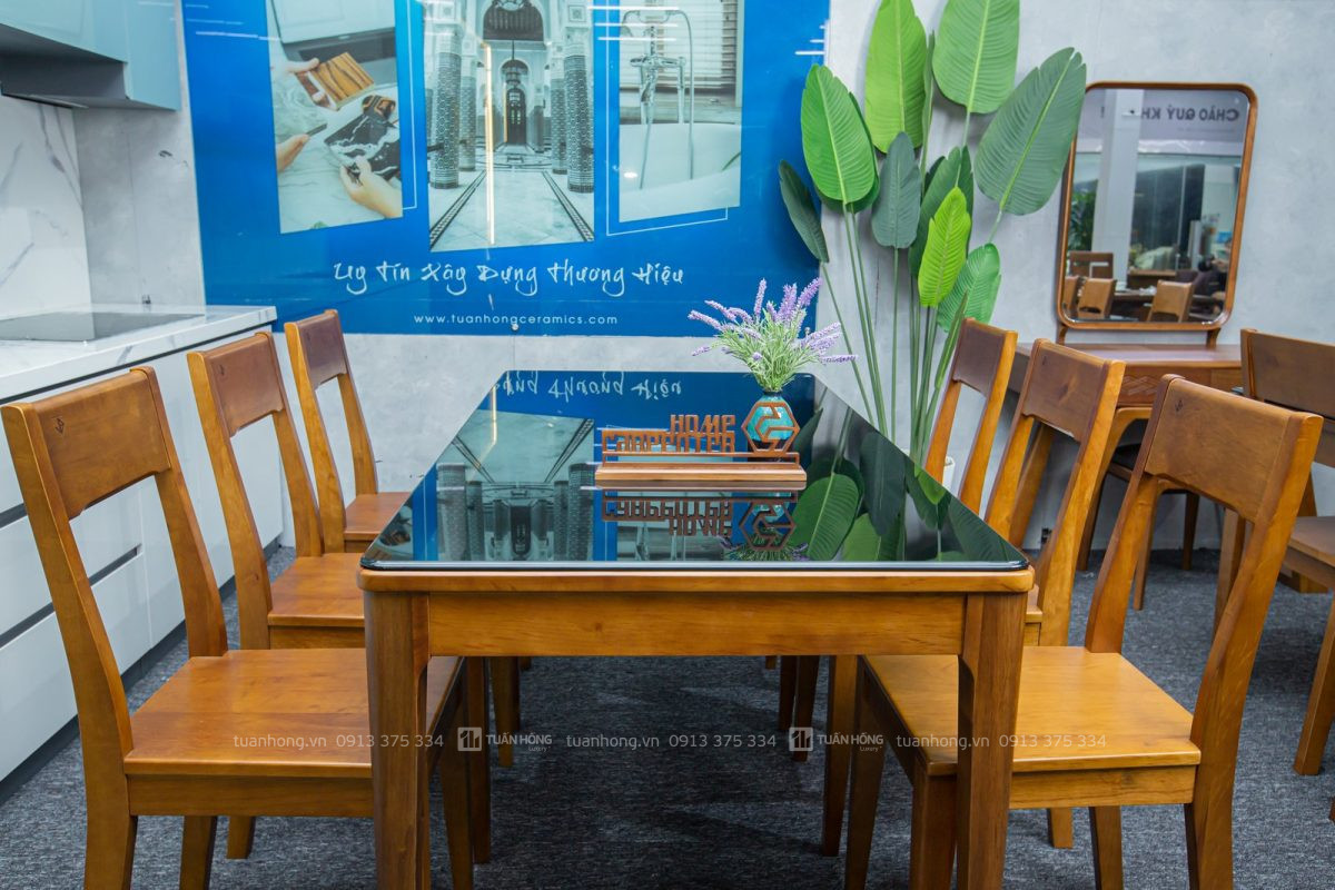 Bộ bàn ghế ăn gỗ tự nhiên VB 02 – bàn 1m6, 6 ghế tựa cao, thiết kế hiện đại, phù hợp phòng bếp gia đình Việt
