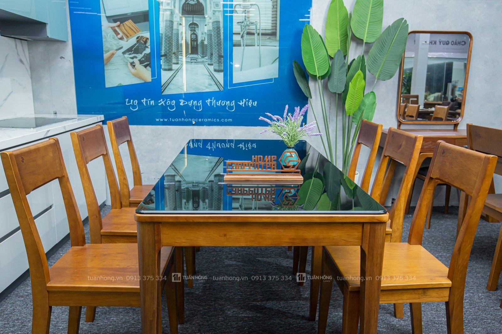 Bộ bàn ghế ăn gỗ tự nhiên VB 02 – bàn 1m6, 6 ghế tựa cao, thiết kế hiện đại, phù hợp phòng bếp gia đình Việt