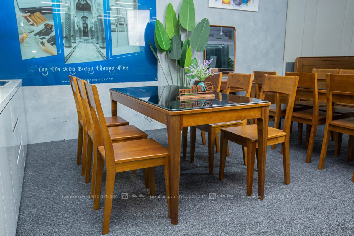 Bộ bàn ghế ăn gỗ tự nhiên VB 02 – bàn 1m6, 6 ghế tựa cao, thiết kế hiện đại, phù hợp phòng bếp gia đình Việt
