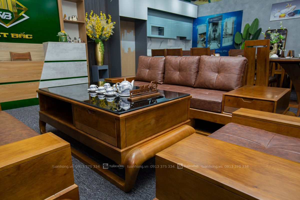 Sofa gỗ tự nhiên VB 03 – thiết kế góc L nhỏ gọn, nệm da Cleo cao cấp, đi kèm bàn trà đồng bộ, phù hợp phòng khách hiện đại