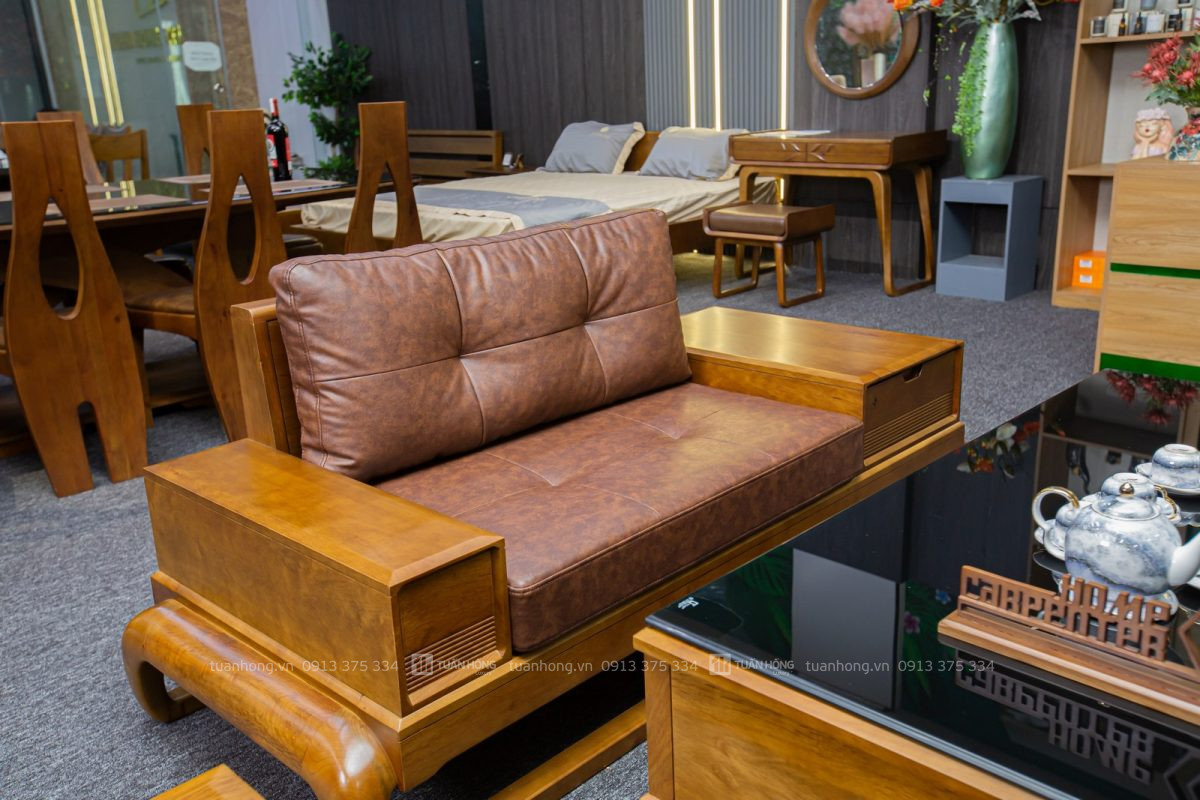 Sofa gỗ tự nhiên VB 03 – thiết kế góc L nhỏ gọn, nệm da Cleo cao cấp, đi kèm bàn trà đồng bộ, phù hợp phòng khách hiện đại