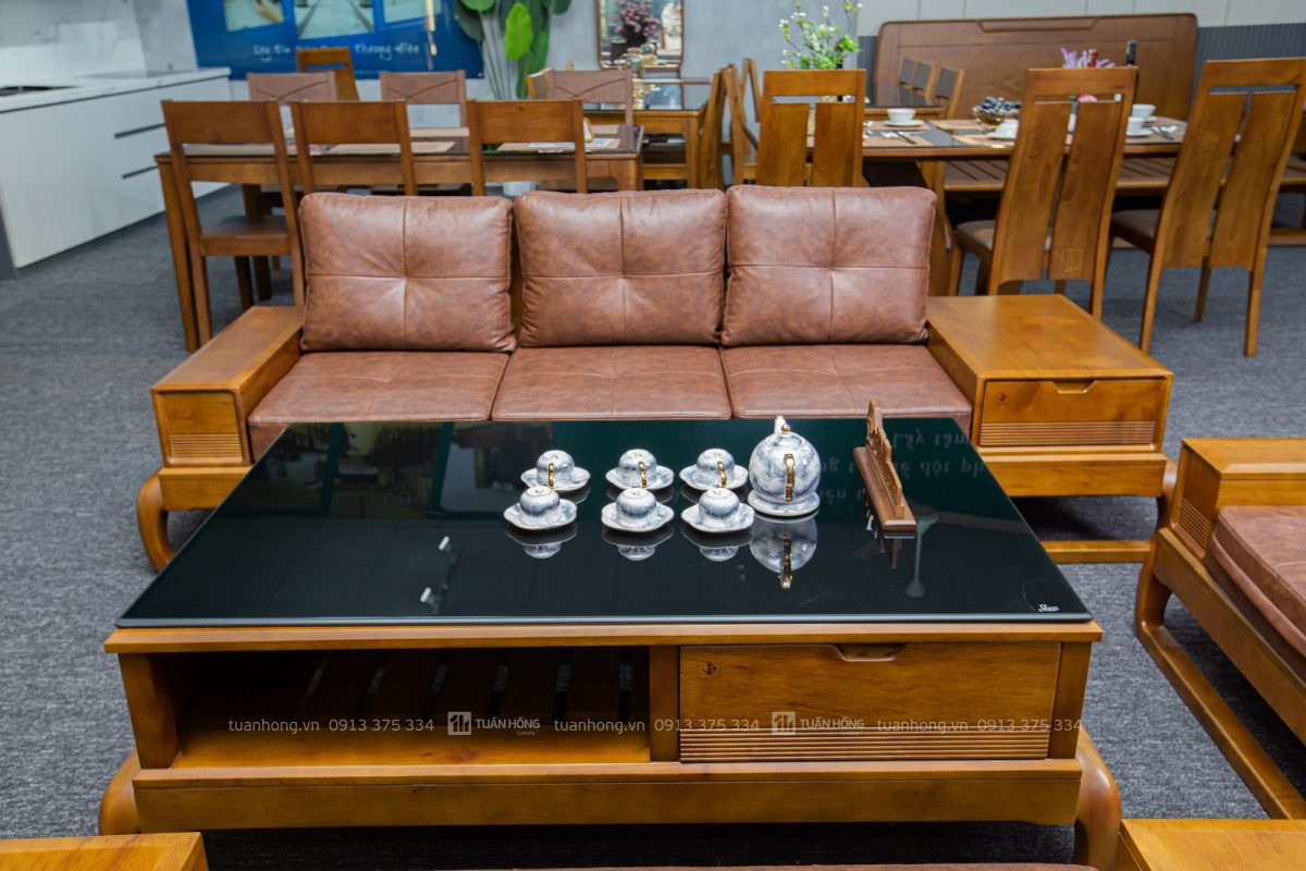 Sofa gỗ tự nhiên VB 03 – thiết kế góc L nhỏ gọn, nệm da Cleo cao cấp, đi kèm bàn trà đồng bộ, phù hợp phòng khách hiện đại