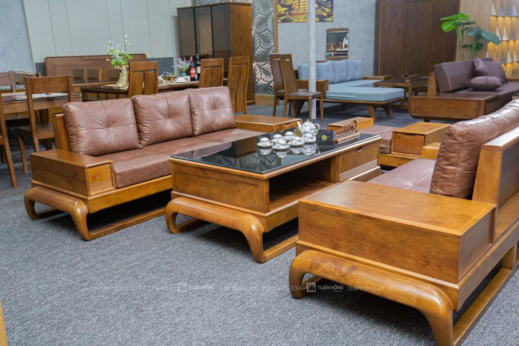 Sofa gỗ tự nhiên VB 03 – thiết kế góc L nhỏ gọn, nệm da Cleo cao cấp, đi kèm bàn trà đồng bộ, phù hợp phòng khách hiện đại