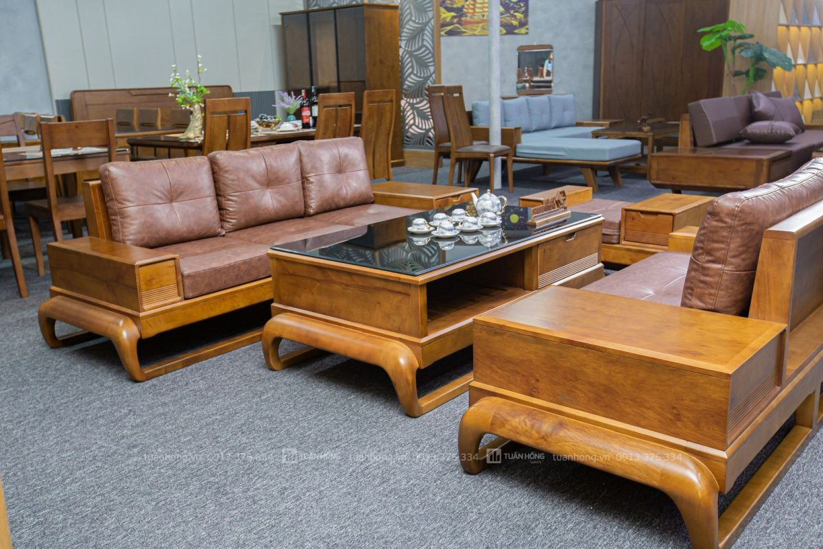Sofa gỗ tự nhiên VB 03 – thiết kế góc L nhỏ gọn, nệm da Cleo cao cấp, đi kèm bàn trà đồng bộ, phù hợp phòng khách hiện đại