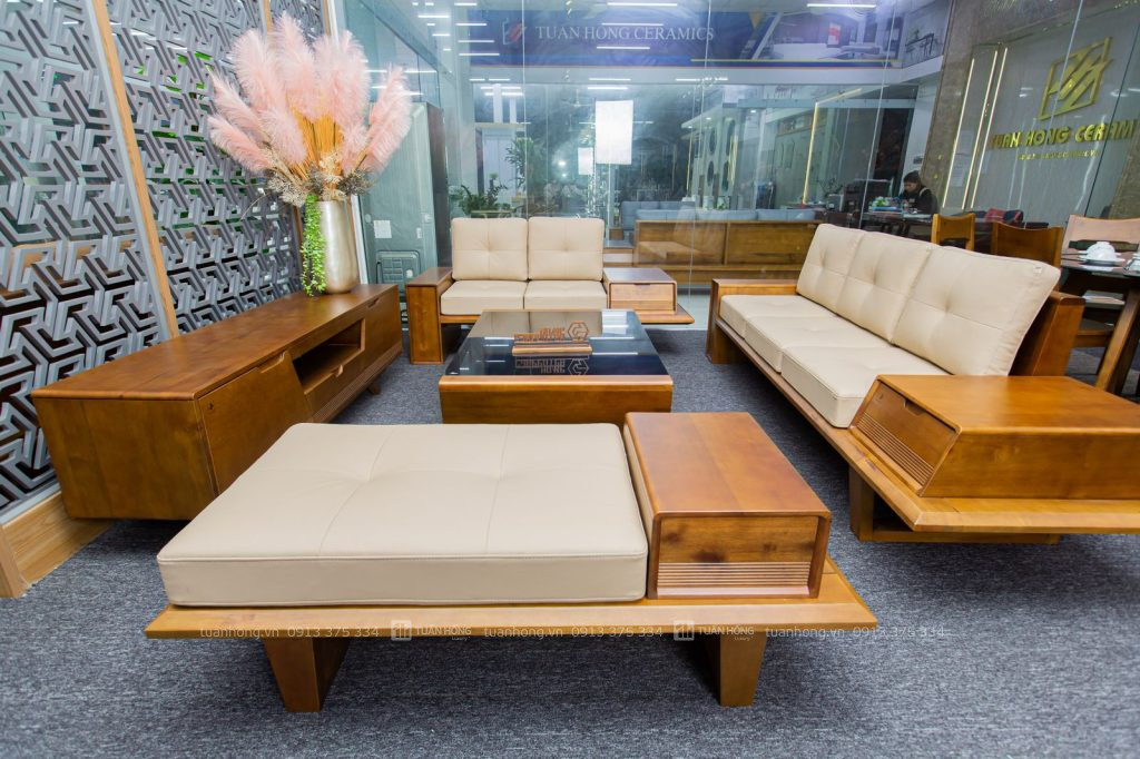 Sofa gỗ tự nhiên VB 04 – thiết kế góc L nhỏ gọn, nệm da Cleo cao cấp, đi kèm bàn trà đồng bộ, phù hợp không gian phòng khách nhỏ