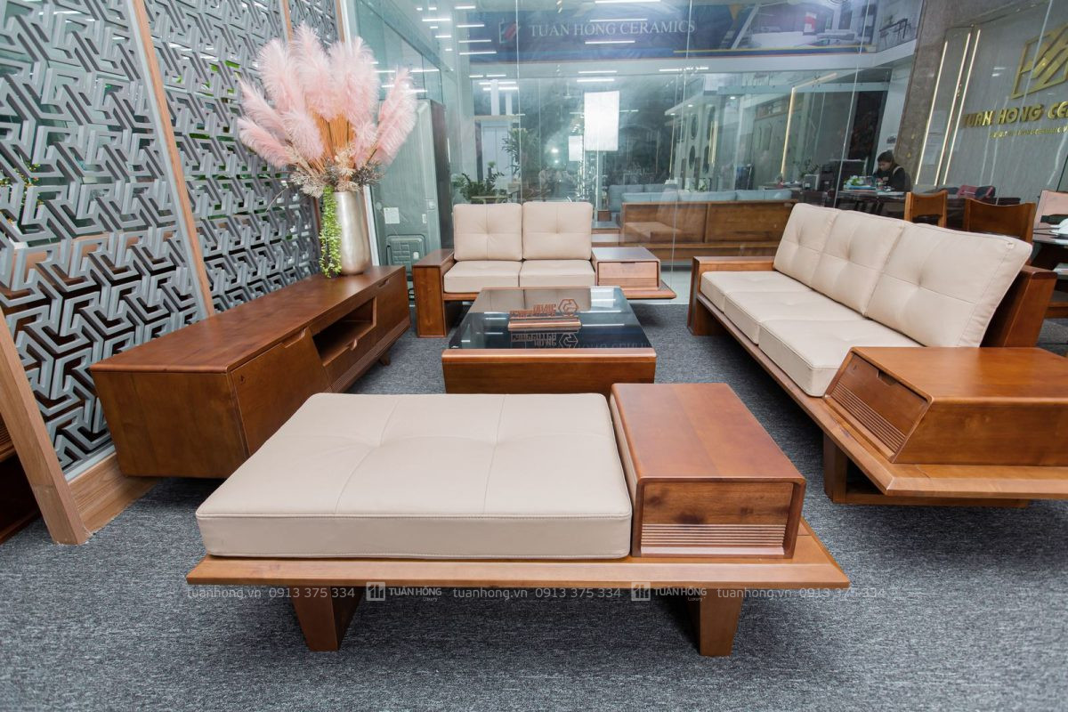 Sofa gỗ tự nhiên VB 04 – thiết kế góc L nhỏ gọn, nệm da Cleo cao cấp, đi kèm bàn trà đồng bộ, phù hợp không gian phòng khách nhỏ