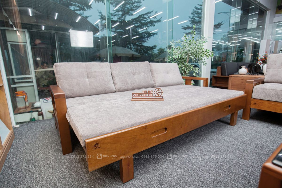 Sofa gỗ tự nhiên VB 05 – thiết kế hai văng lớn bề thế, nệm da Cleo cao cấp, đi kèm bàn trà, phù hợp biệt thự, nhà phố lớn