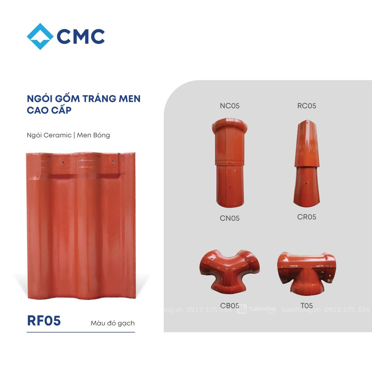Ngói gốm tráng men RF05 màu đỏ gạch, ngói Ceramic men bóng cao cấp, bền màu, chống thấm tốt
