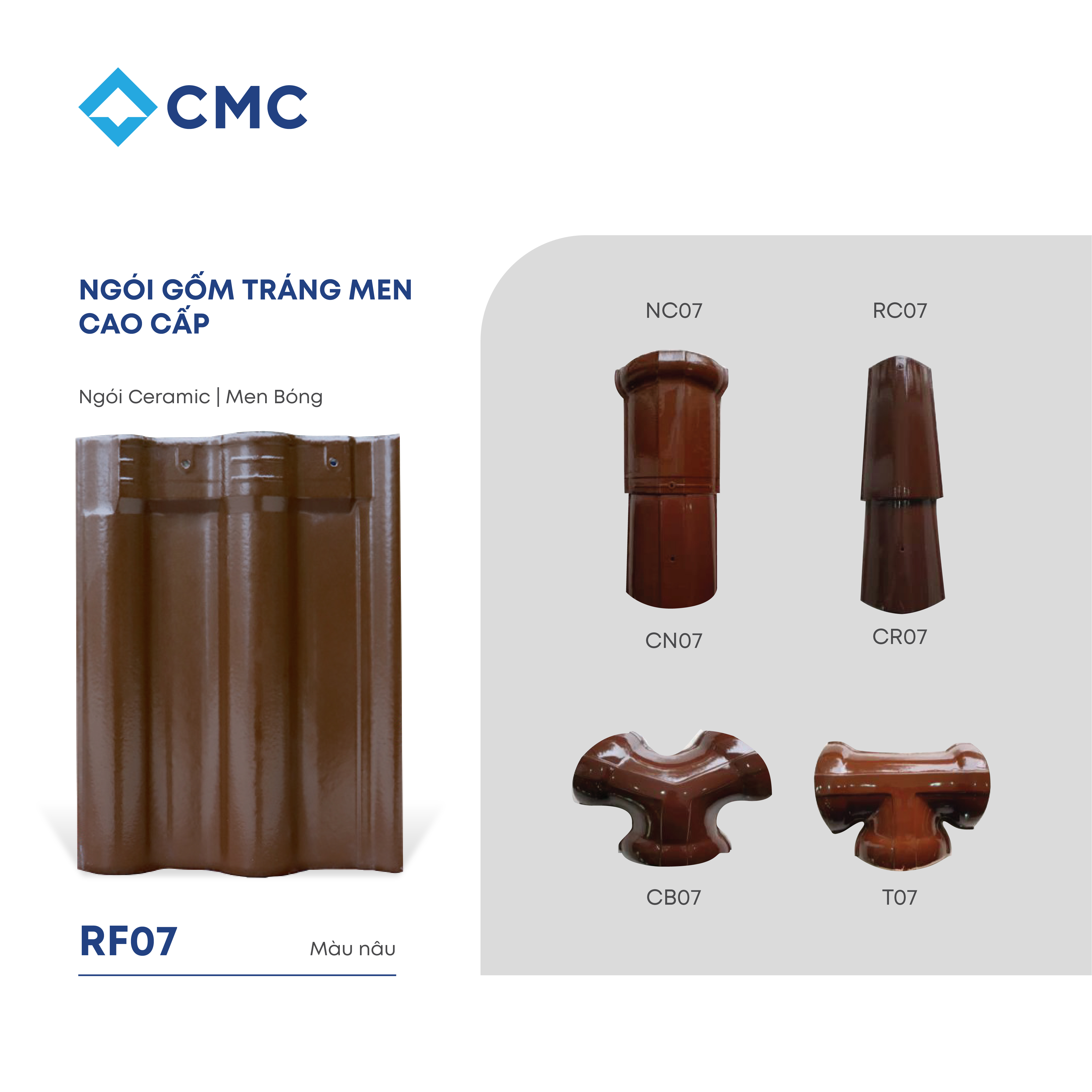 Ngói gốm tráng men RF07 màu nâu đất, ngói Ceramic men bóng cao cấp, bền màu, chống thấm tốt