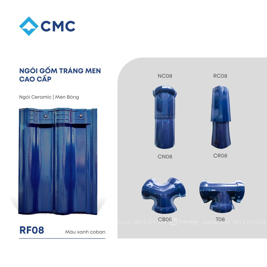 Ngói gốm tráng men RF08 màu xanh coban, ngói Ceramic men bóng cao cấp, bền màu, chống thấm tốt