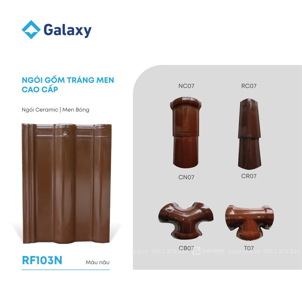 Ngói lợp gốm trắng men RF103 màu nâu, ngói Ceramic men bóng cao cấp, bền màu, chống thấm tốt