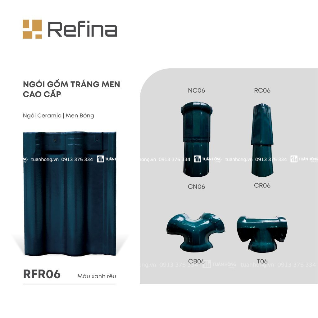 Ngói lợp gốm tráng men RFR06 màu xanh rêu, ngói Ceramic men bóng cao cấp, bền màu, chống thấm tốt