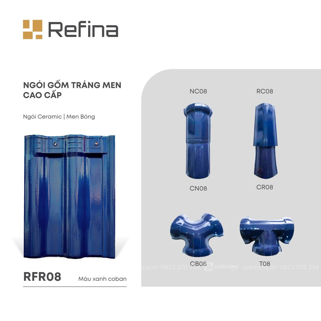 Ngói lợp gốm tráng men RFR08 màu xanh coban, ngói Ceramic men bóng cao cấp, bền màu, chống thấm tốt