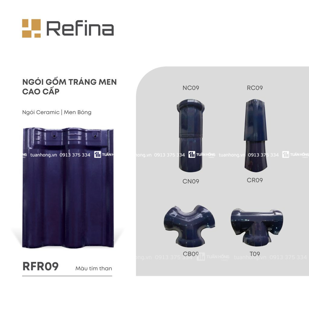 Ngói lợp gốm tráng men RFR09 màu tím than, ngói Ceramic men bóng cao cấp, bền màu, chống thấm tốt