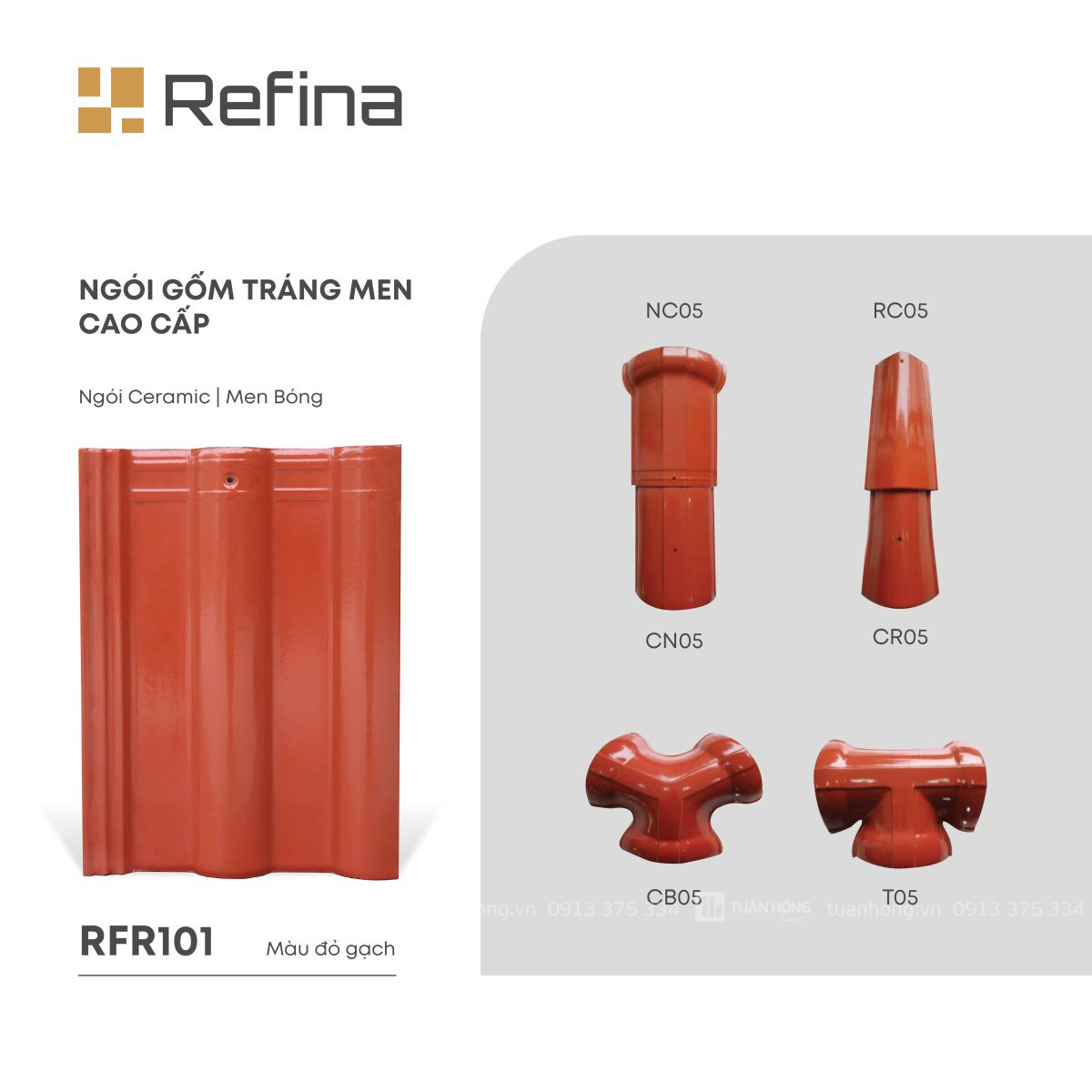 Ngói lợp gốm tráng men RFR101 màu đỏ gạch, ngói Ceramic men bóng cao cấp, bền màu, chống thấm tốt