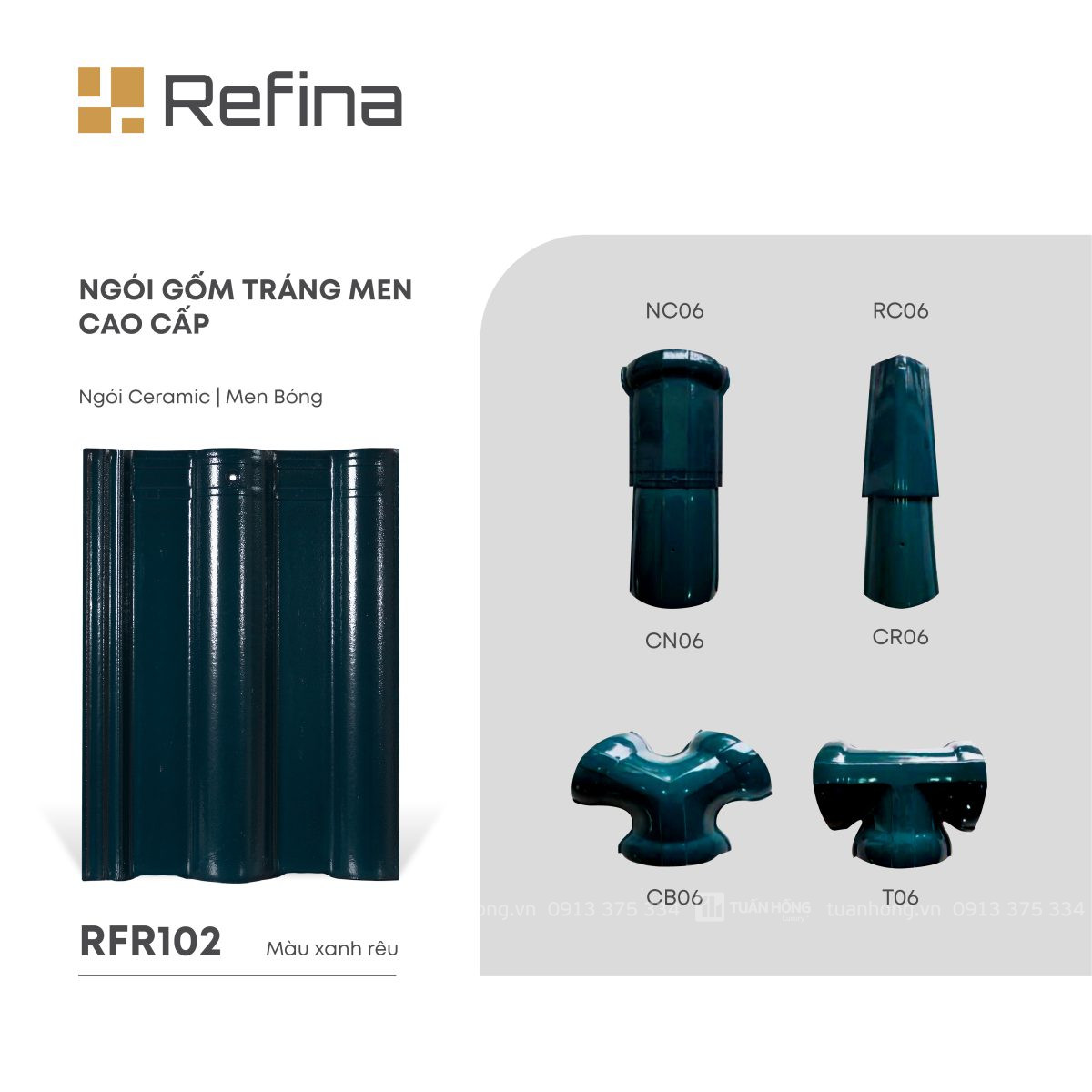 Ngói lợp gốm tráng men RFR102 màu xanh rêu, ngói Ceramic men bóng cao cấp, bền màu, chống thấm tốt
