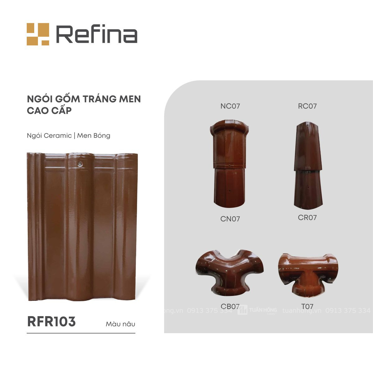 Ngói lợp gốm tráng men RFR103 màu nâu đất, ngói Ceramic men bóng cao cấp, bền màu, chống thấm tốt