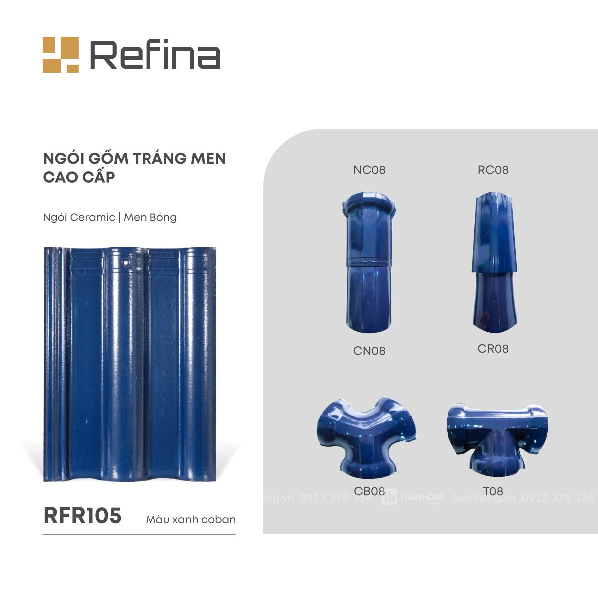 Ngói lợp gốm tráng men RFR105 màu xanh coban, ngói Ceramic men bóng cao cấp, bền màu, chống thấm tốt