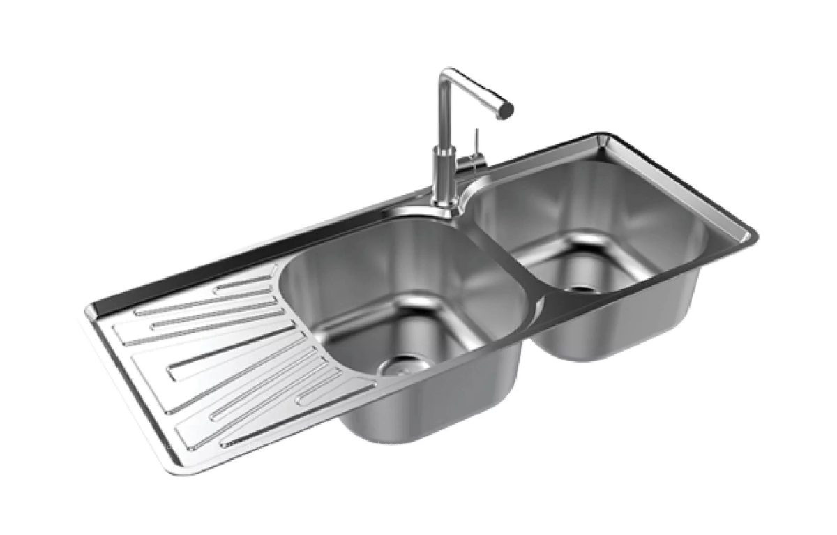 Chậu rửa bát inox Sơn Hà S100 thiết kế 2 hộc có bàn tiện dụng, làm từ inox cao cấp siêu bền (SUS201), dễ vệ sinh và không han gỉ